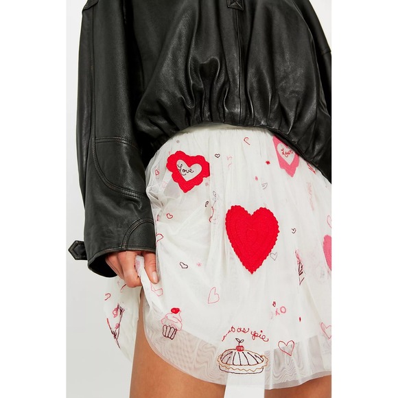 NWT!! FREE PEOPLE The Sketchbook Skirt Tulle Embroidered Mini Hearts White Large - Picture 6 of 16